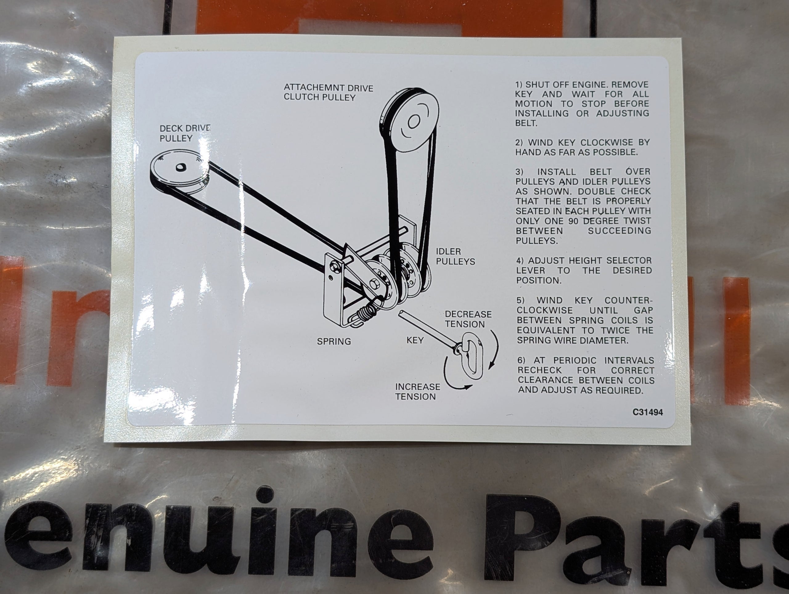 C31494 DECAL - MOWER DRIVE BELT